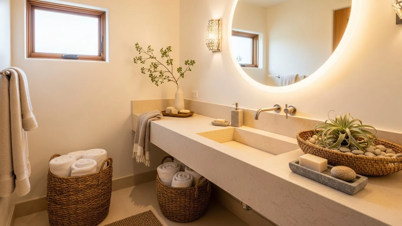 Guest bathroom styled with textured decor and accessories