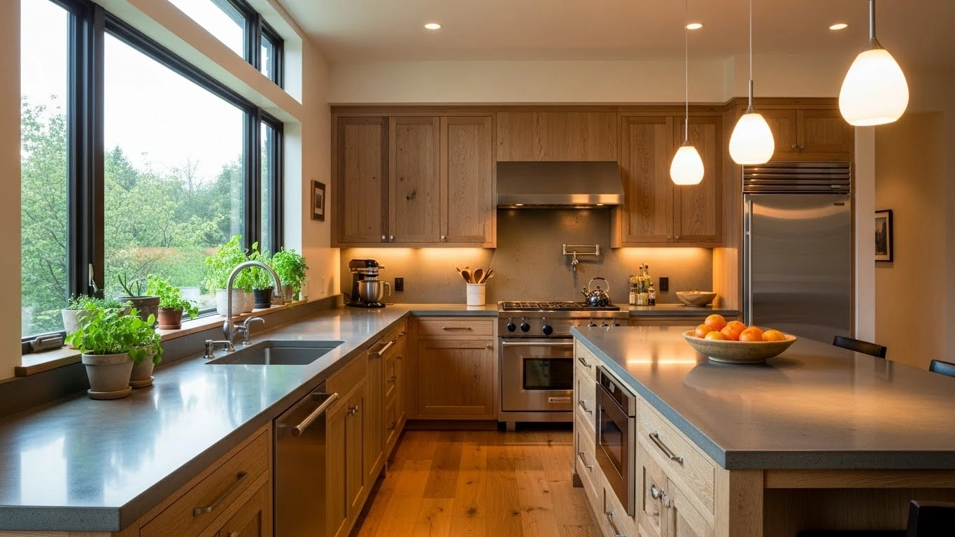 Sustainable kitchen design with eco-friendly materials and modern luxury finishes