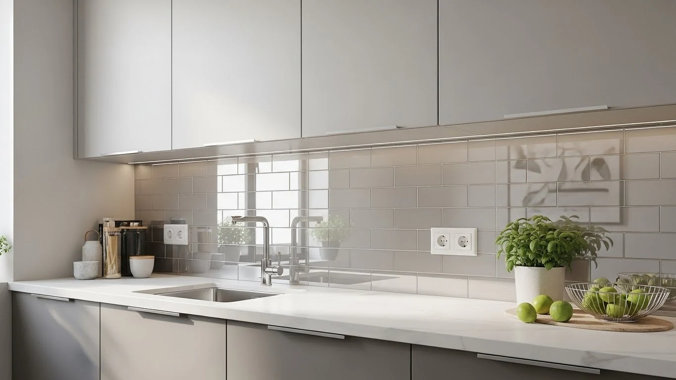 Reflective backsplash helping a small kitchen look brighter and larger