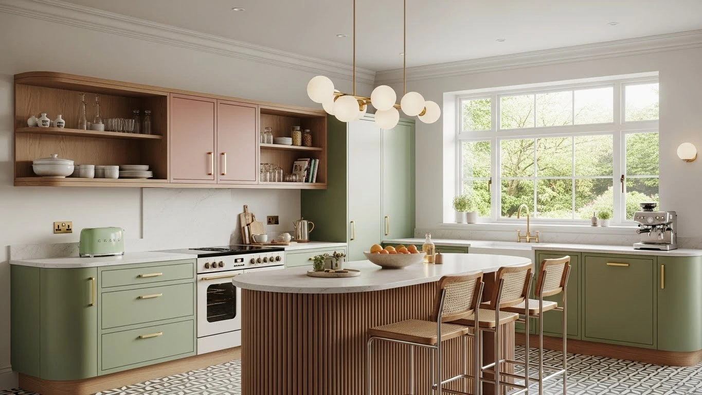 Retro-inspired kitchen with modern finishes and curved cabinetry design