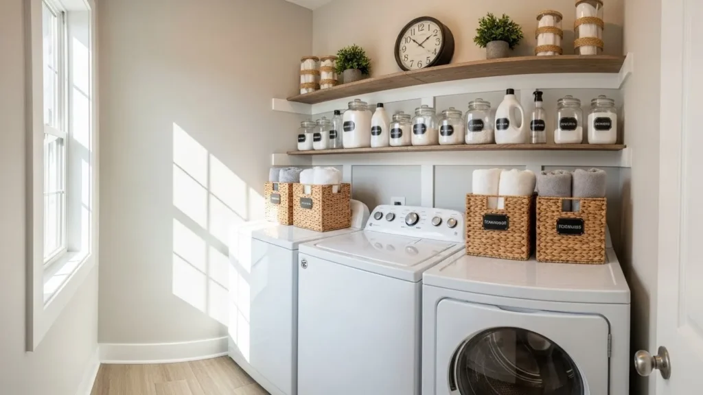 Open shelves with baskets and detergent in a small laundry room
