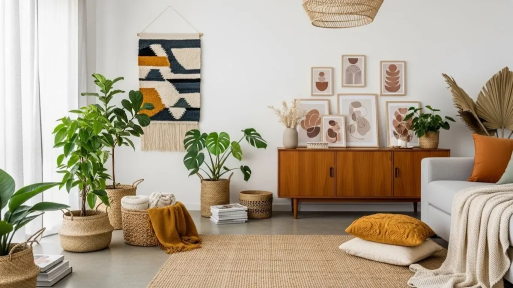 Lived-in mid-century modern living room with evolving boho Scandinavian style