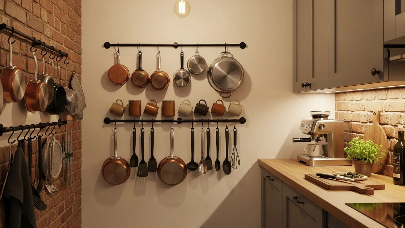 Hanging pots and utensils on wall-mounted rails in a small kitchen