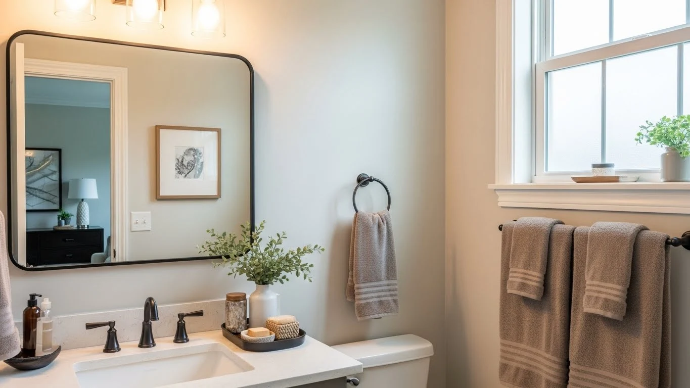 Thoughtfully styled guest bathroom with modern decor, soft lighting, and cozy details