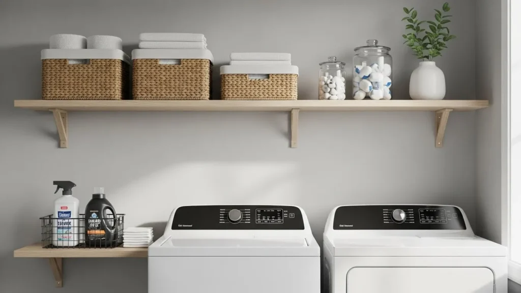 Over-the-washer shelving in a small laundry room