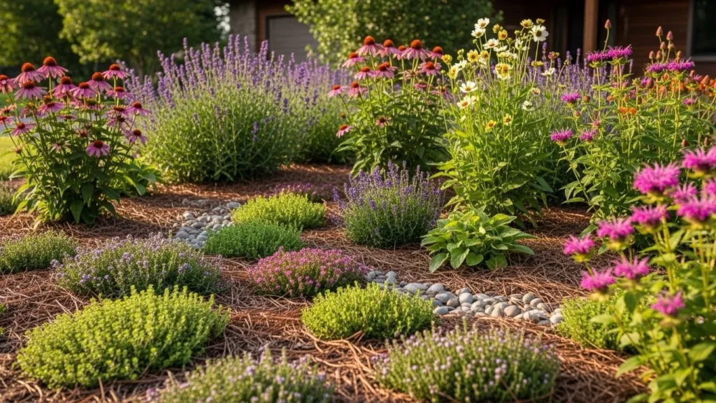 Sustainable mulch and ground cover in front yard flower garden
