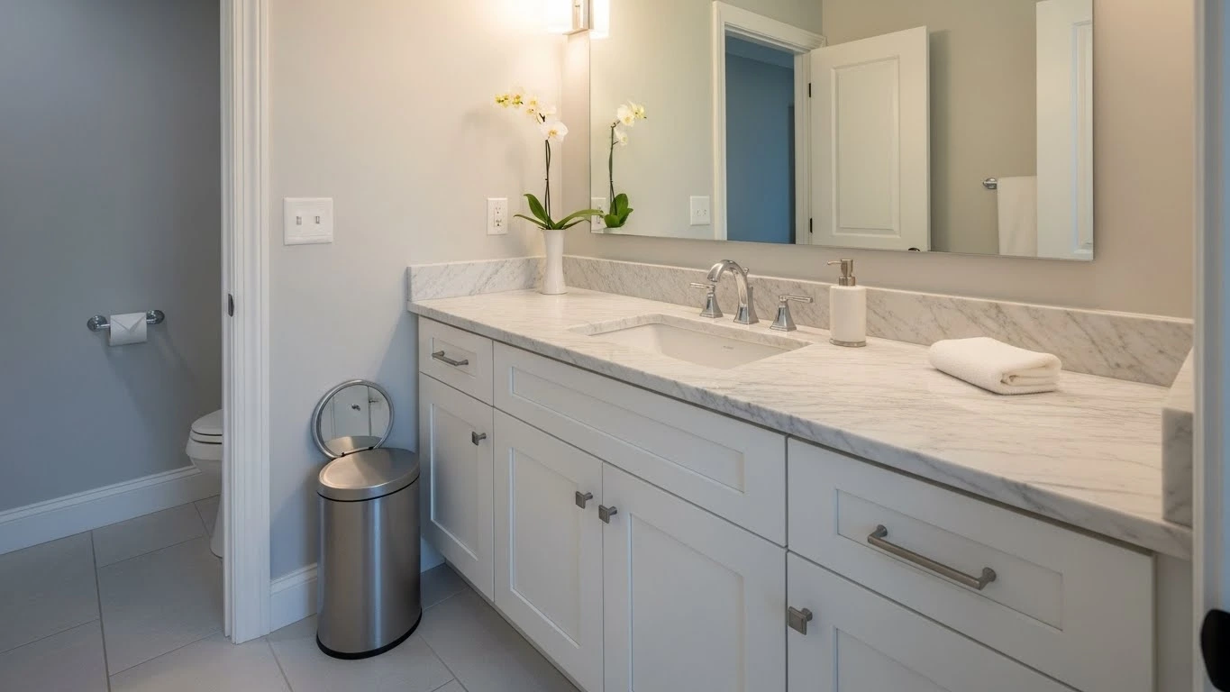 Lidded trash can discreetly placed beside a guest bathroom vanity