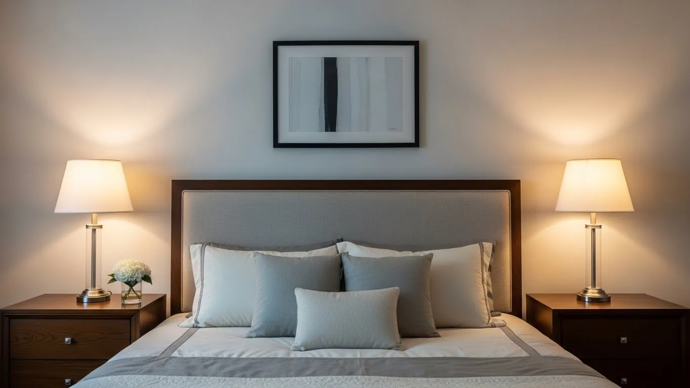 Bedroom with symmetrical bedside lamps on both nightstands, warm lighting, balanced decor, calm and polished interior design, realistic photography.