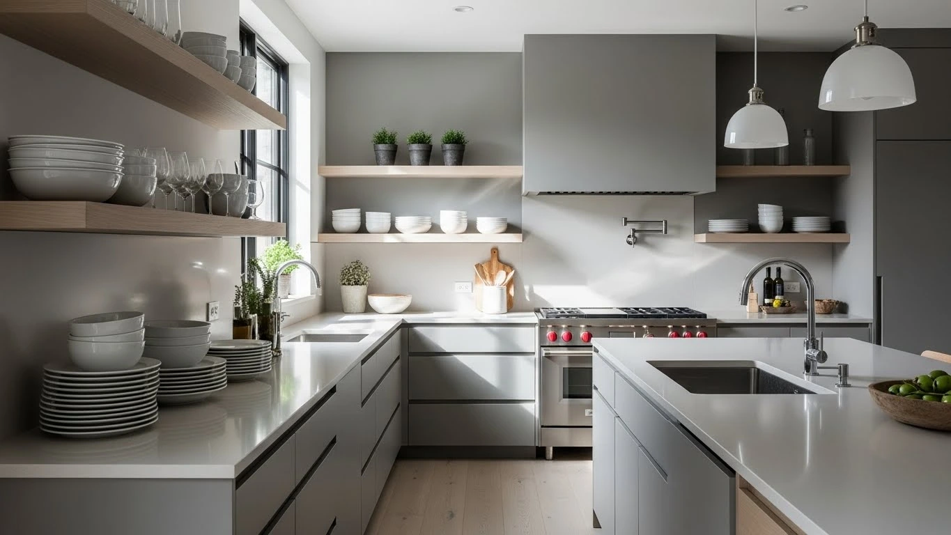 Stylish kitchen featuring minimal open shelving styled with everyday essentials