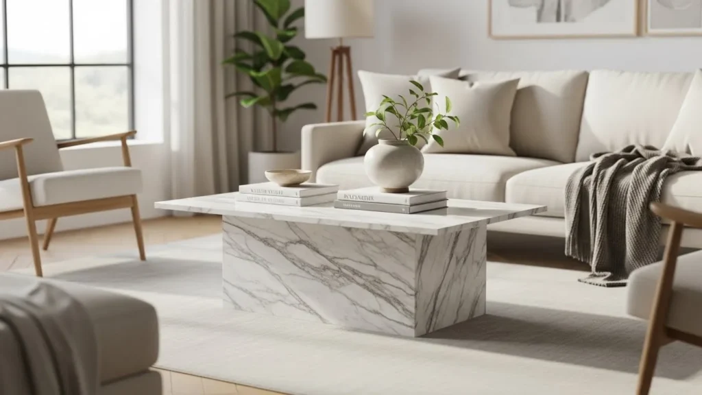 Upcycled coffee table with marble-effect stone finish in modern living room