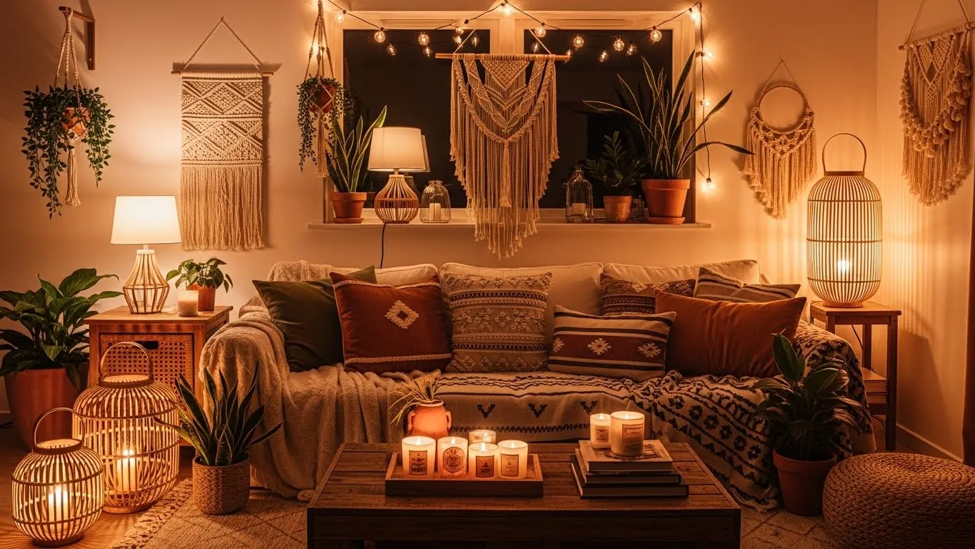 Warm lighting in a cozy boho living room