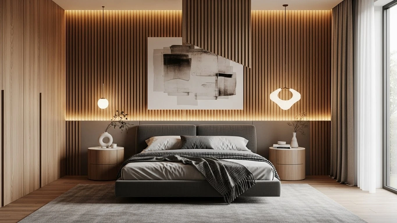 Vertical wood slat accent wall behind bed in modern bedroom