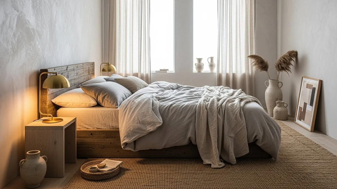 Warm metal accents in organic modern bedroom