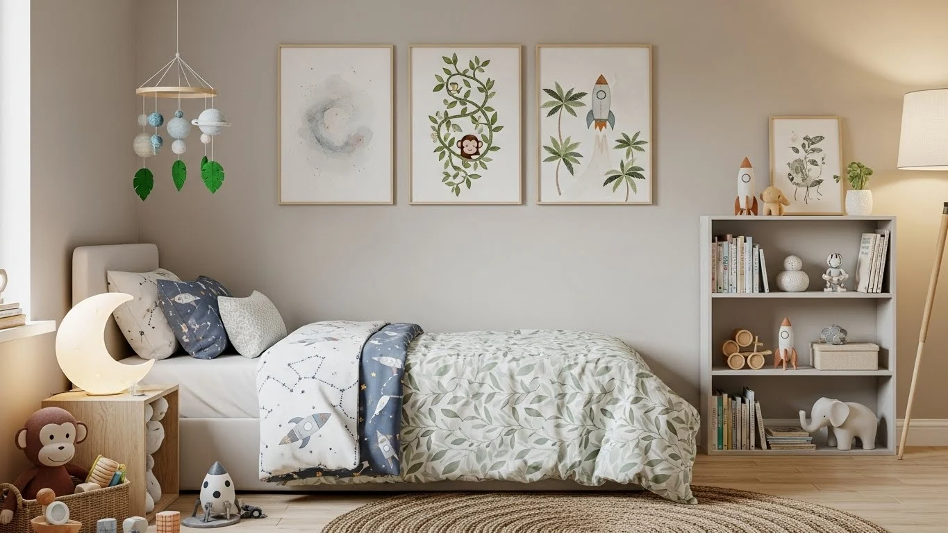 Kids bedroom with a subtle theme using decor instead of full costume-style designs