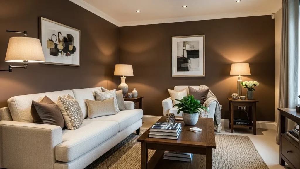 Espresso brown wall paint creating warmth and luxury in a small room