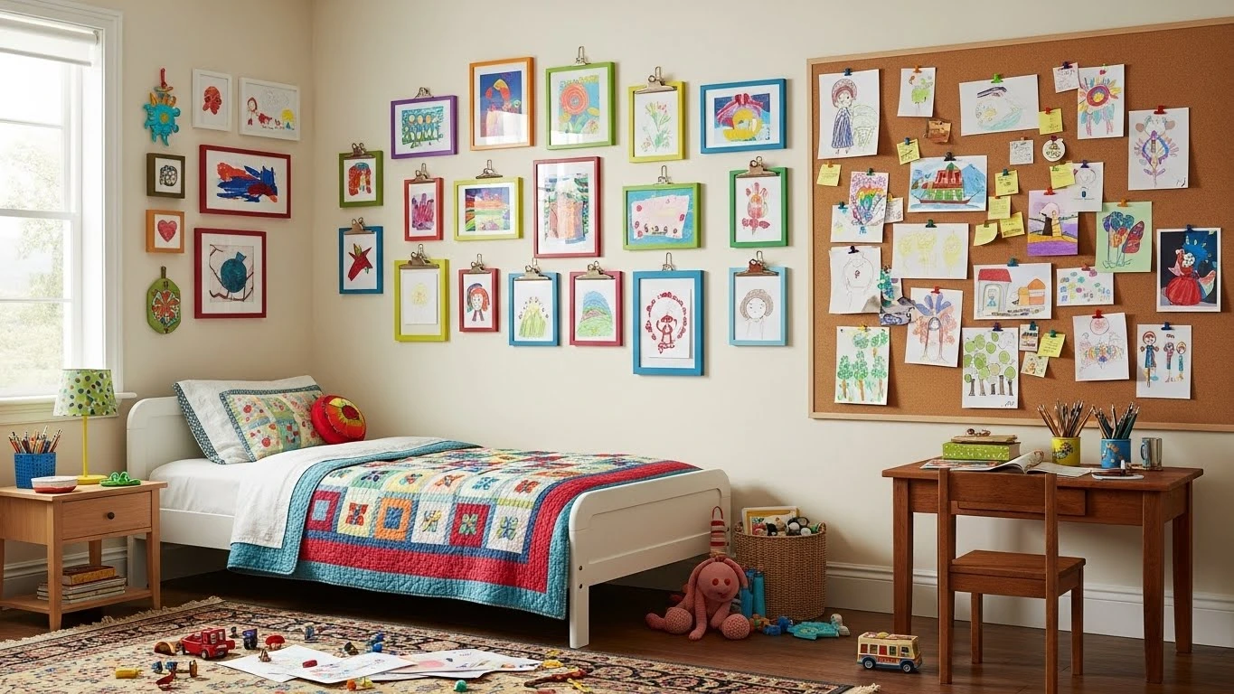 Kids bedroom with gallery wall showcasing children’s artwork