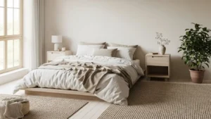 Organic modern bedroom on a budget with neutral colors, minimalist decor, and natural textures