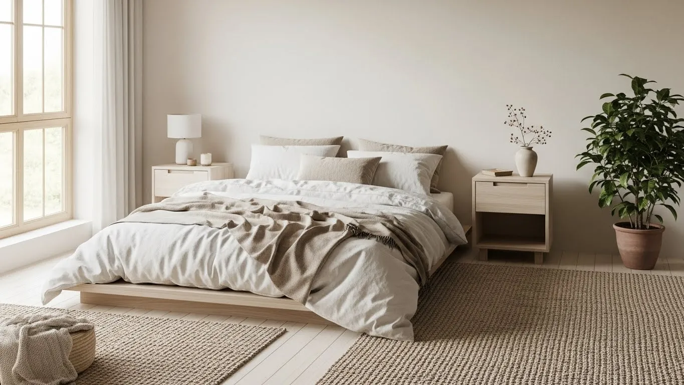 Organic modern bedroom on a budget with neutral colors, minimalist decor, and natural textures