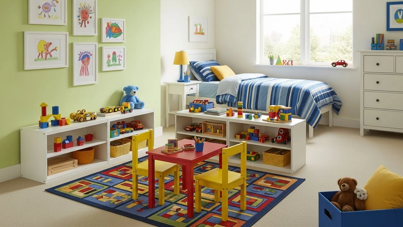 Kids bedroom with a separate play area that keeps toys organized