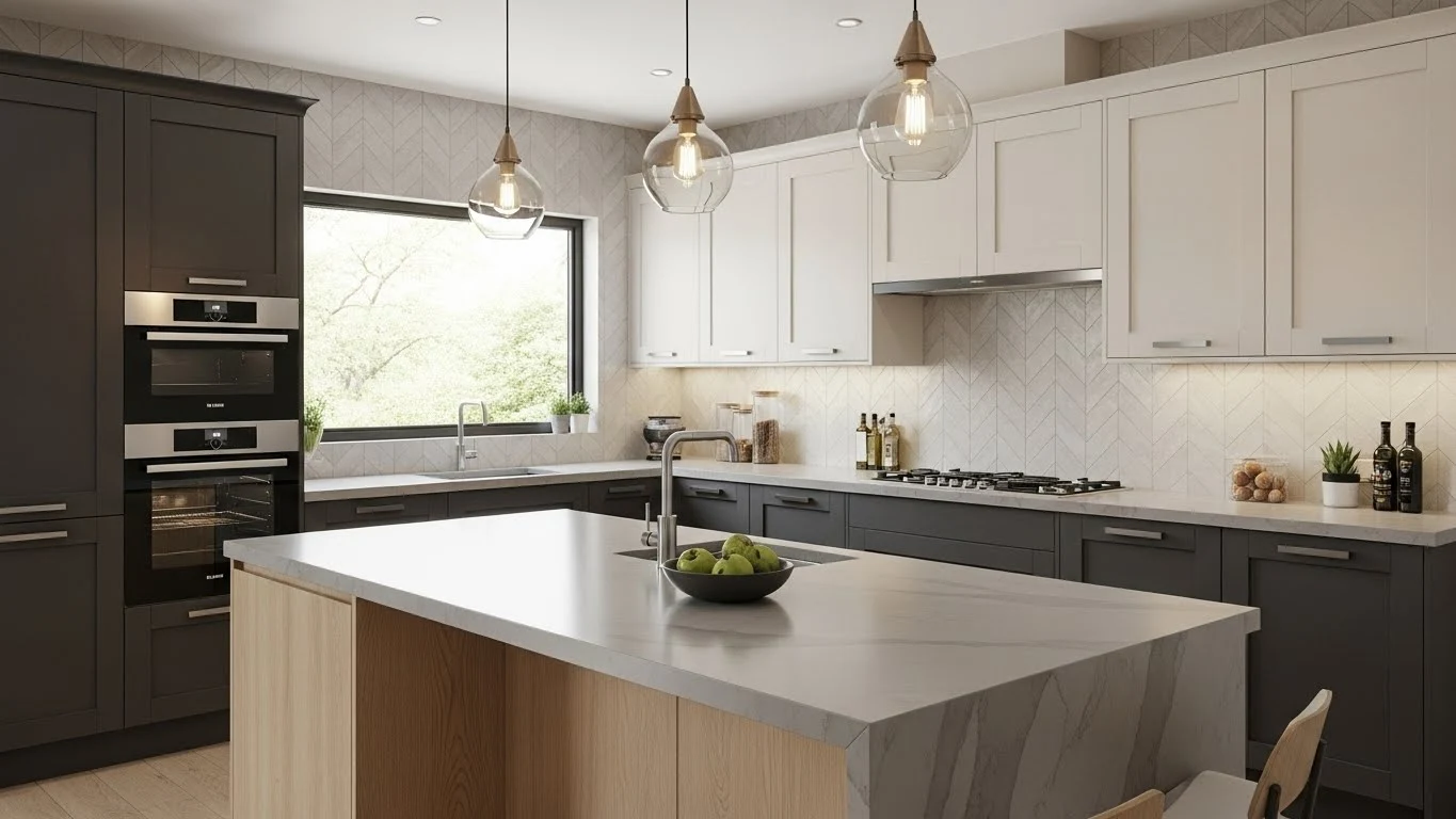 Two-tone kitchen cabinets combining dark base cabinets with light upper cabinets for a modern look
