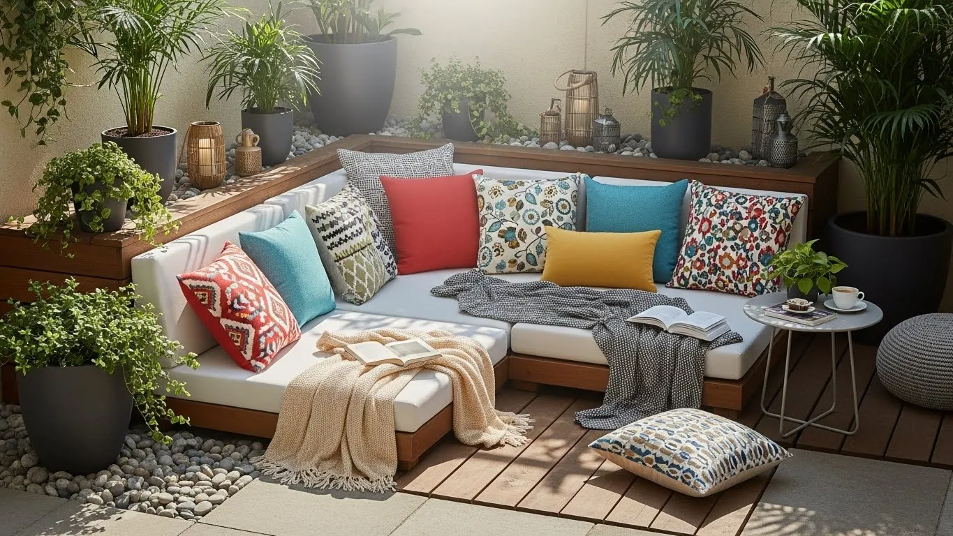 Outdoor patio decorated with colorful throw pillows