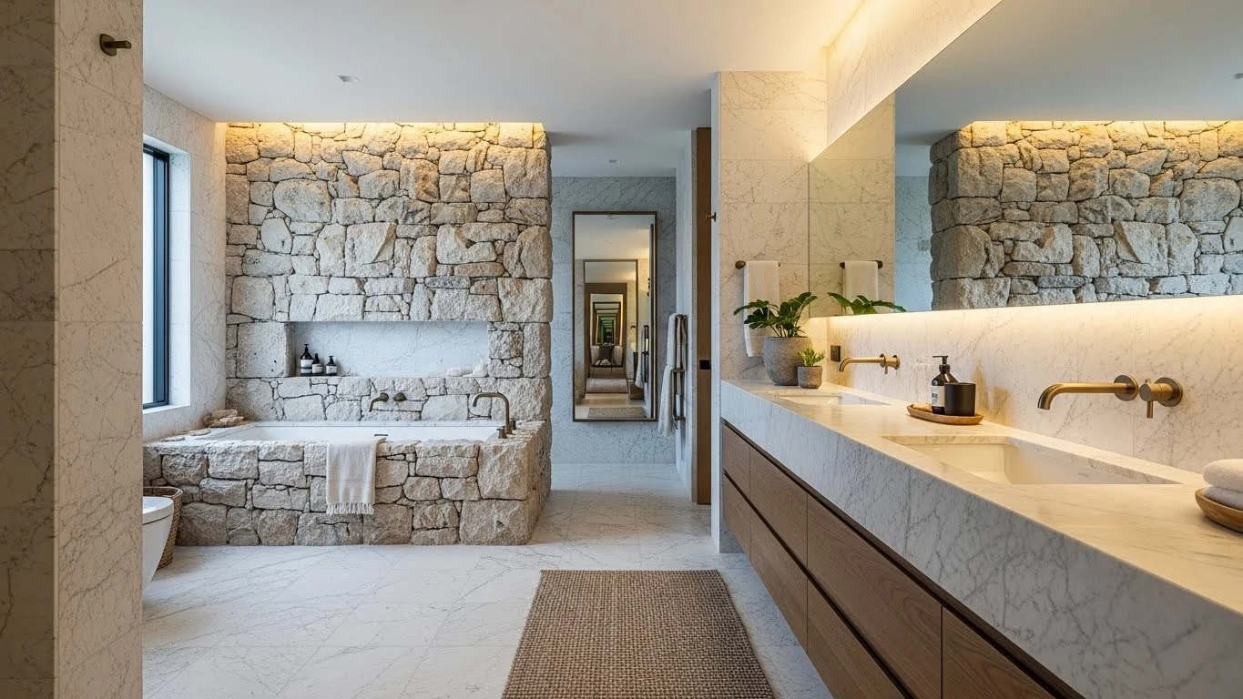 Modern luxury bathroom featuring natural stone walls and surfaces