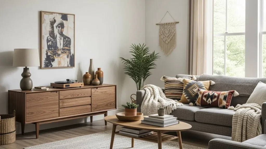 Mid-century modern living room with natural wood furniture and warm boho accents
