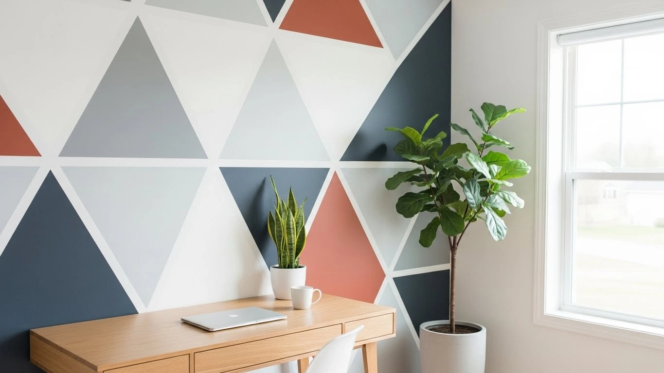 Geometric painted accent wall with modern shapes and neutral colors