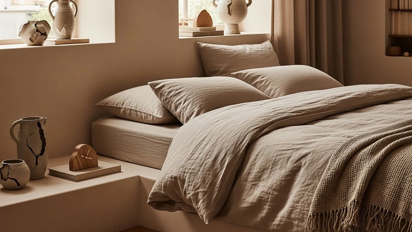Warm minimalist bedroom styled with beige and clay tones, textured linen bedding, natural wood accents, and relaxed, cozy details.