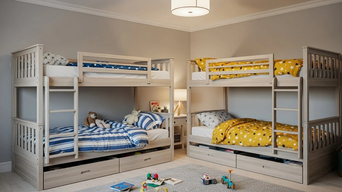Shared kids room with space-saving bunk beds and personalized bedding