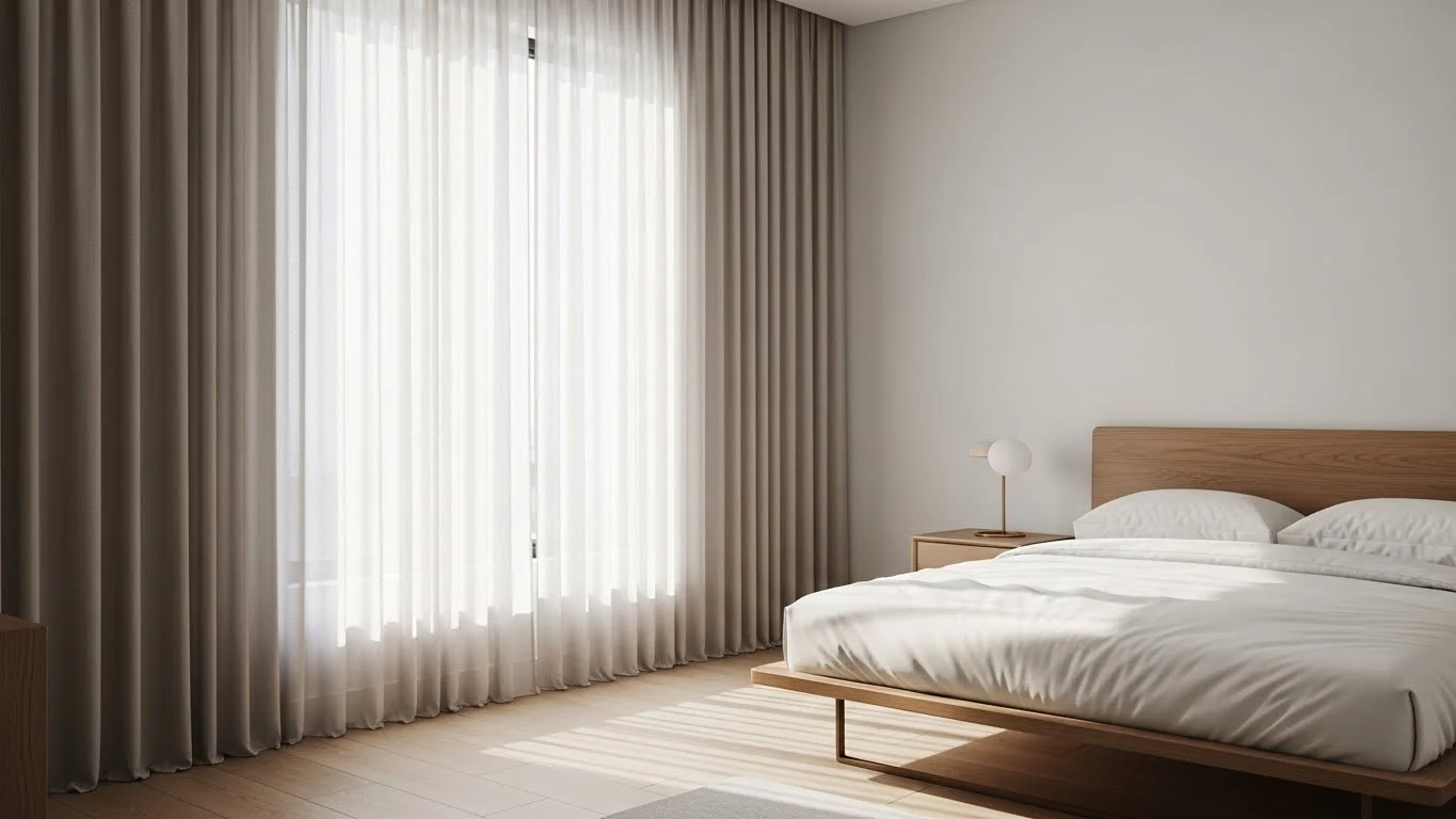 Bedroom with floor-to-ceiling curtains filtering warm daylight, creating an airy and elevated minimalist atmosphere.