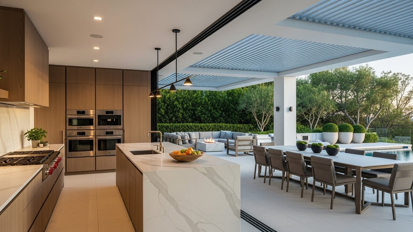 Indoor-outdoor kitchen design with seamless flow and sliding glass doors for modern living