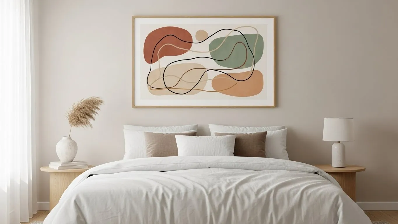 Minimal abstract wall art in organic modern bedroom