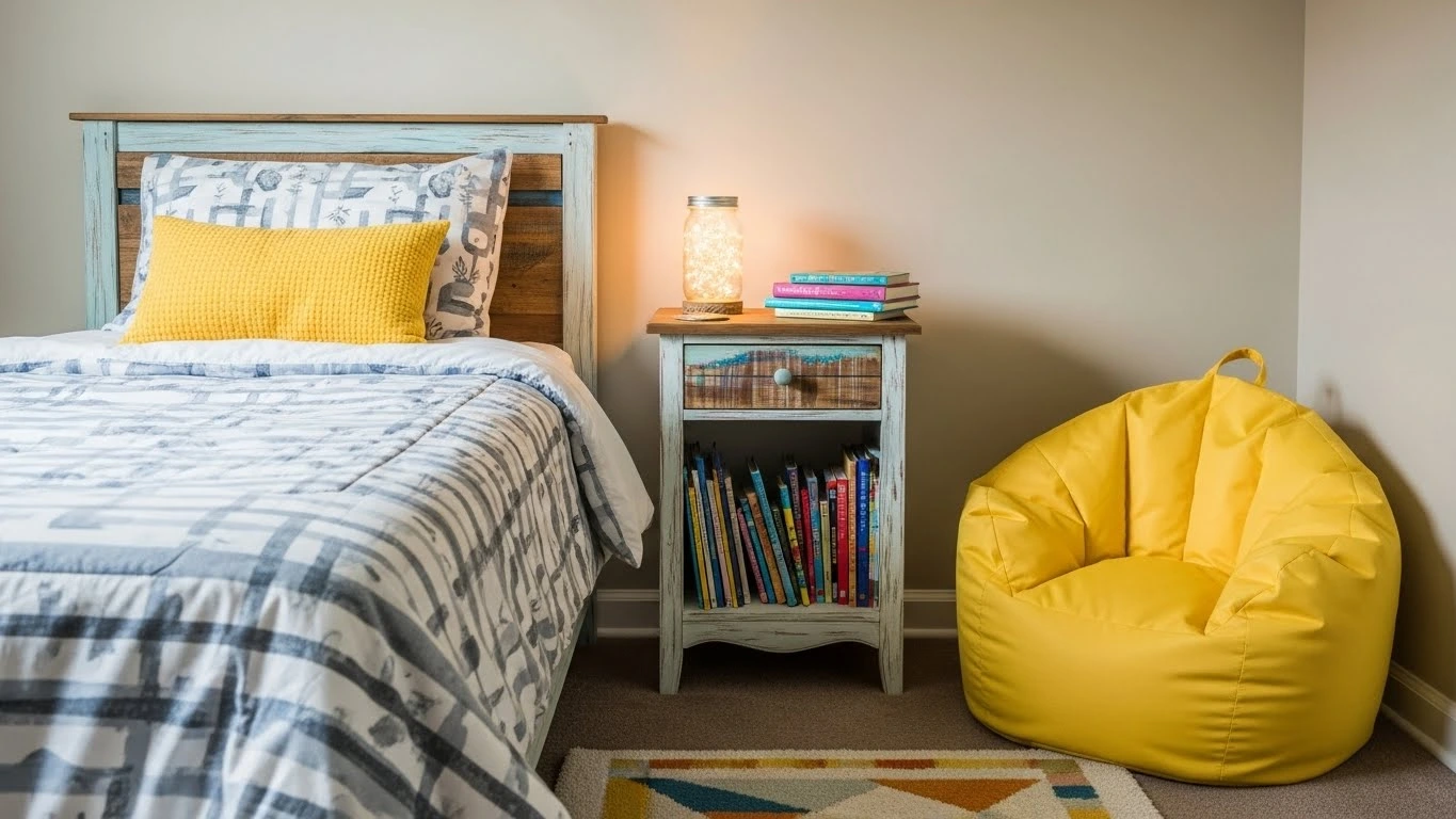 Budget-friendly kids bedroom with DIY wall art and painted furniture