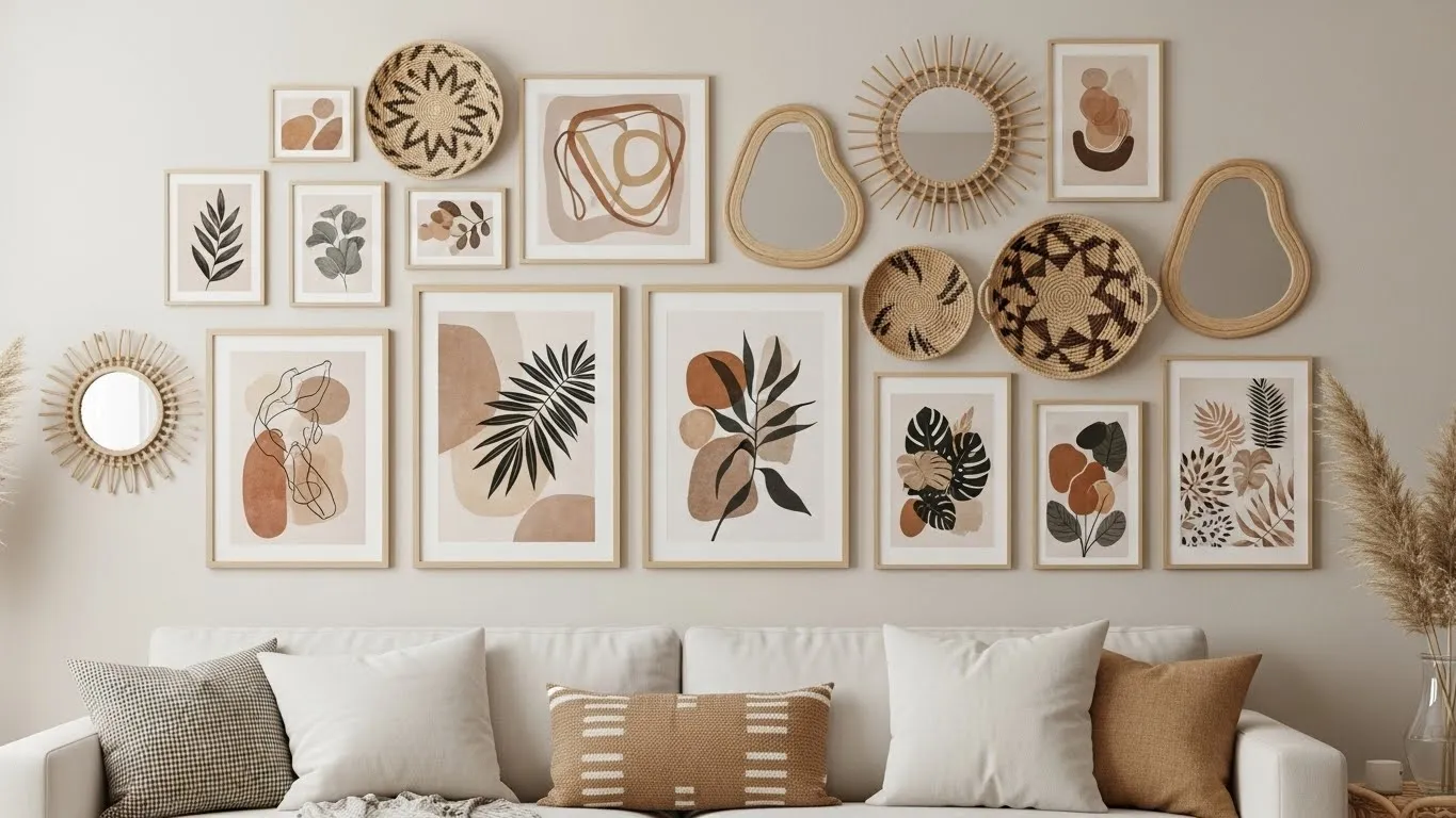 Boho gallery wall with art and woven décor