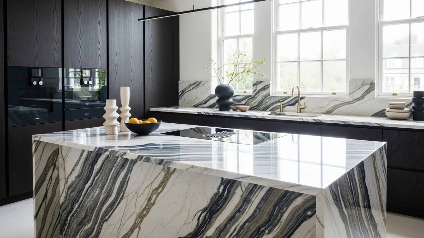 High-end kitchen featuring luxury quartzite countertops with bold veining