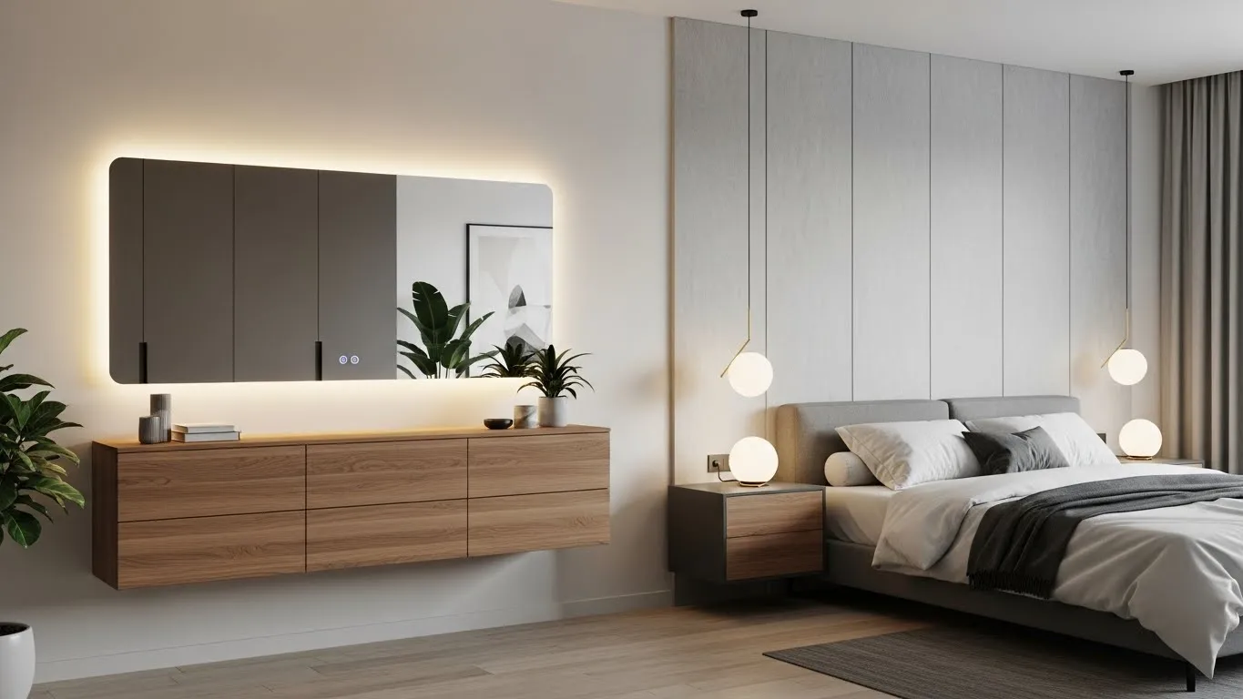 Backlit mirror providing soft indirect lighting in a bedroom