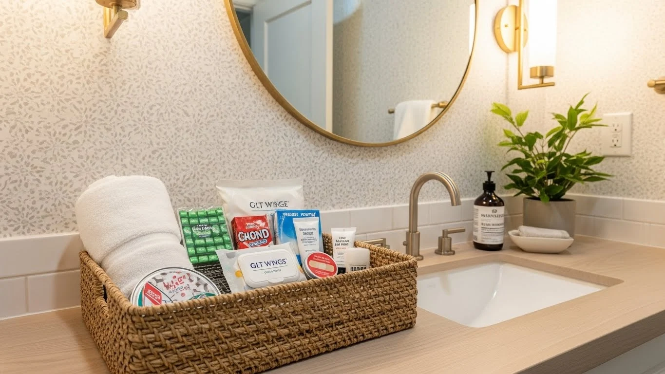 Guest bathroom basket with essentials for visitors