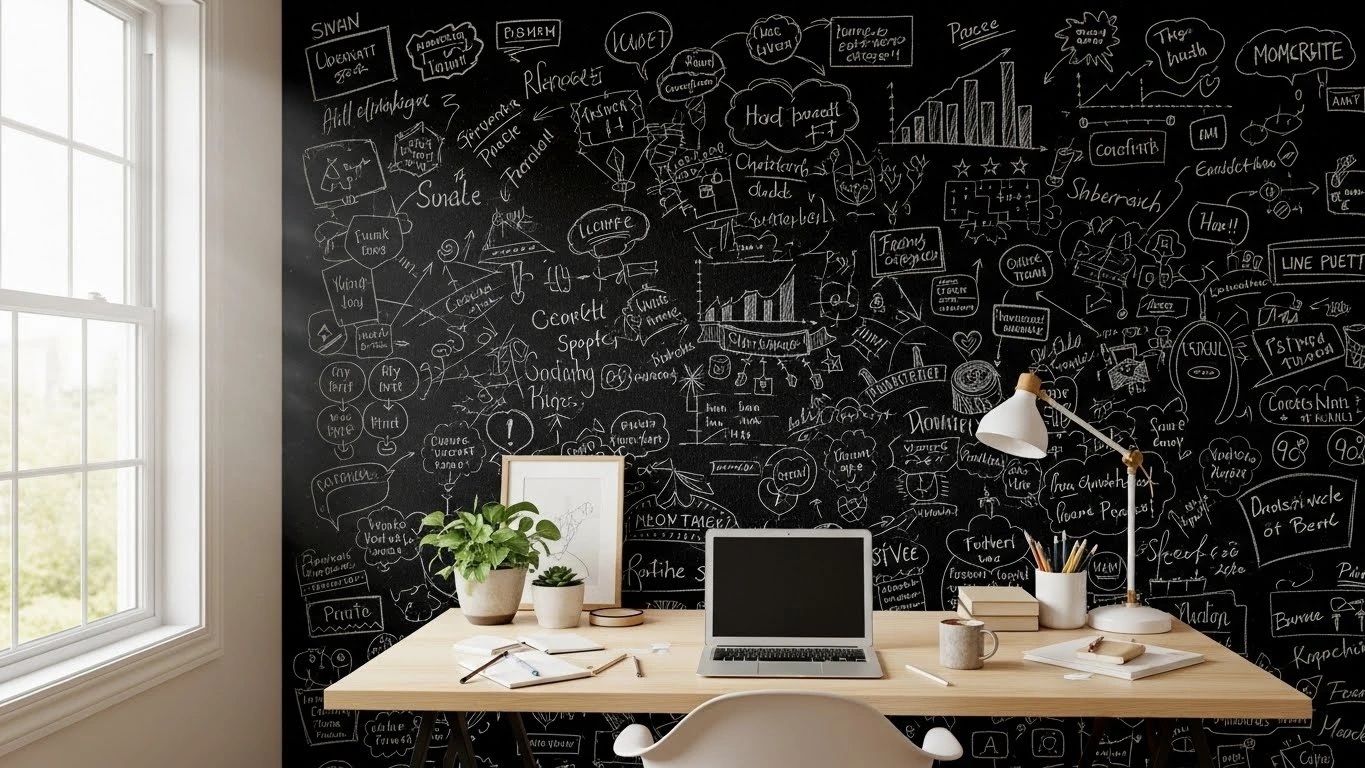 “Home office with black chalkboard accent wall covered in handwritten notes and drawings, wooden desk, natural light, realistic interior photography”