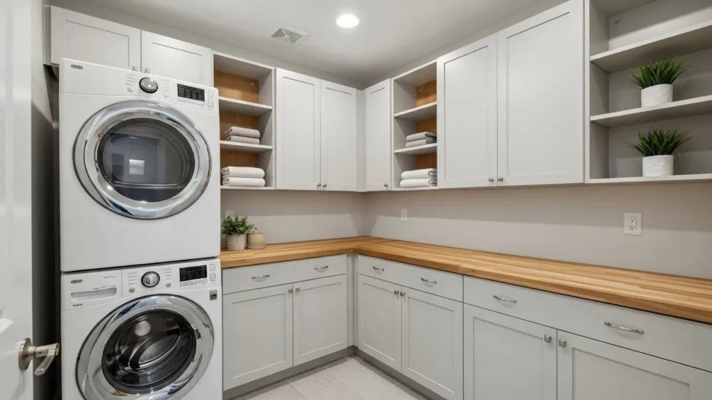 Stackable washer and dryer in a small laundry room