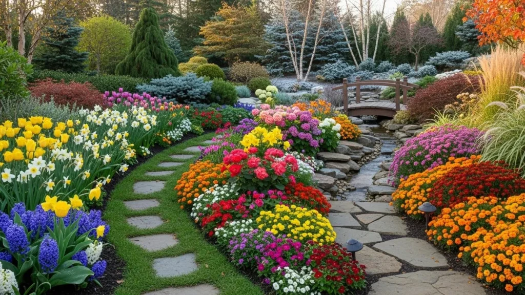 Year-round blooming flower garden in front yard landscaping