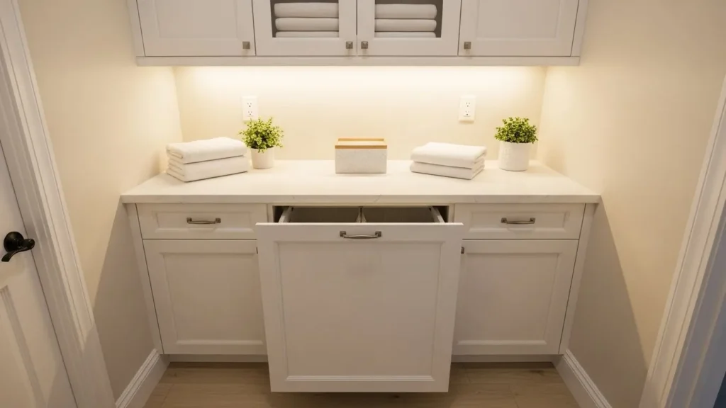 Built-in hidden laundry hamper cabinet in a small laundry room
