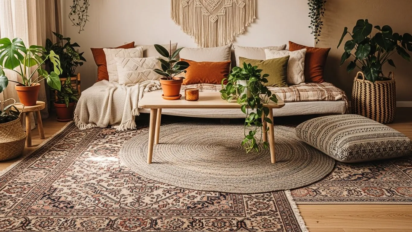 Macramé wall hanging in a cozy boho bedroom