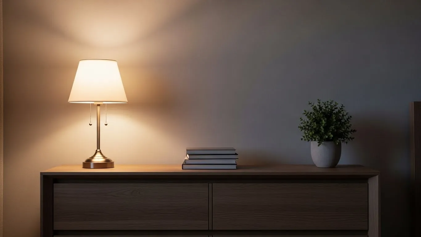 Table lamp on dresser providing soft ambient bedroom lighting
