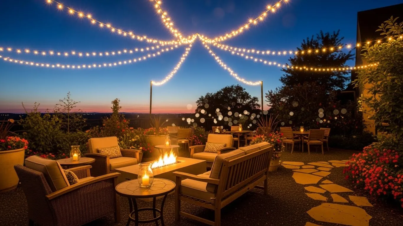 Outdoor patio decorated with warm string lights at night