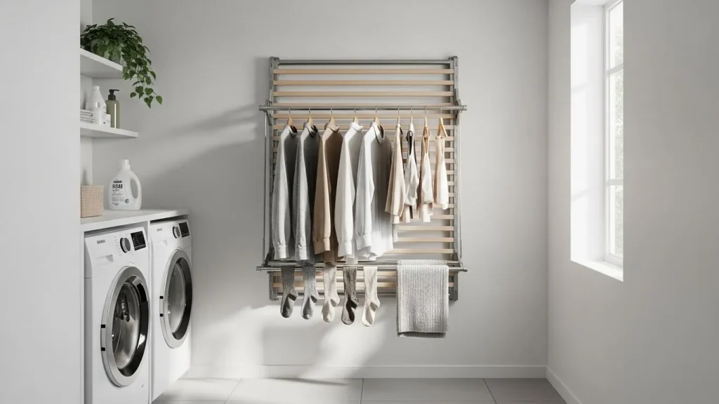 Compact wall-mounted drying rack in a small laundry room