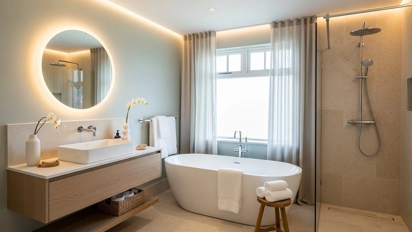 Guest bathroom with a cohesive and consistent design theme