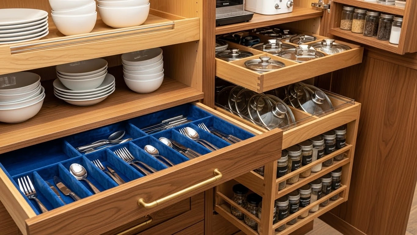 Custom kitchen cabinet interiors featuring organized dividers and luxury finishes