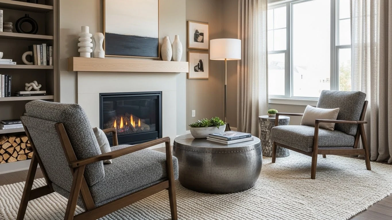 Angled accent chairs in a rectangular living room seating layout
