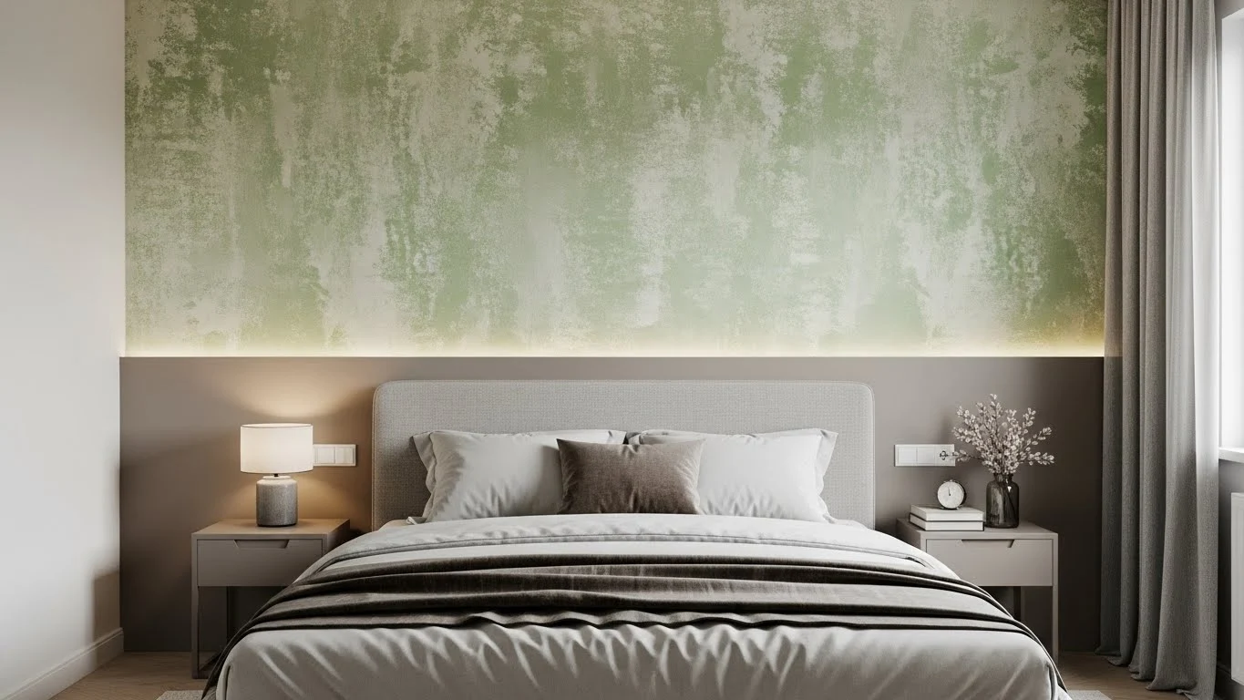 Modern bedroom featuring a limewash-textured accent wall behind the bed in soft neutral tones.